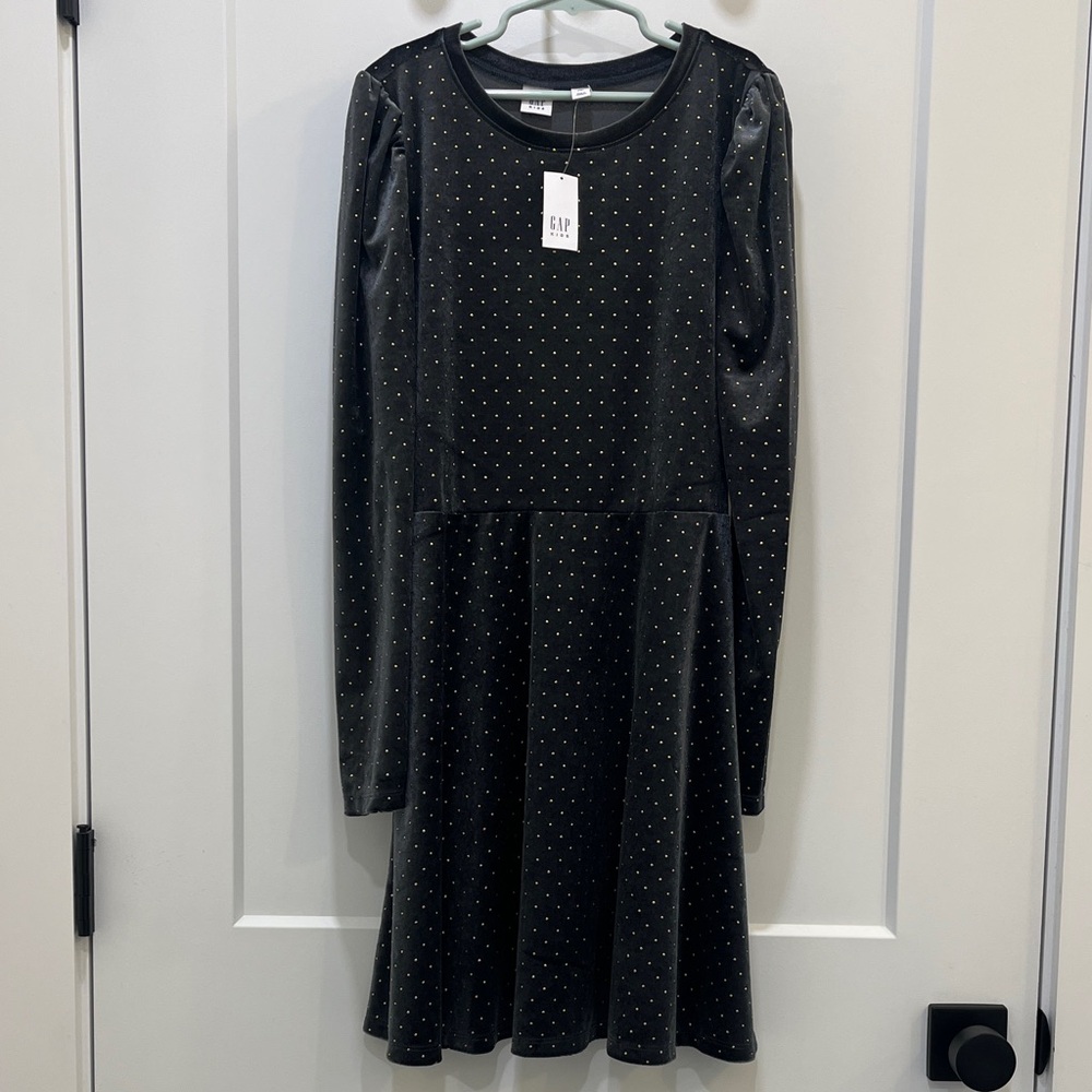 Gap Kids black charcoal velvet skater dress metallic gold dots Size XL(12) NWT